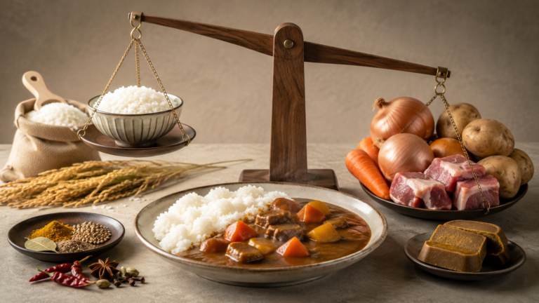 カレーライスと原材料の価格バランスを表す写真風イラスト