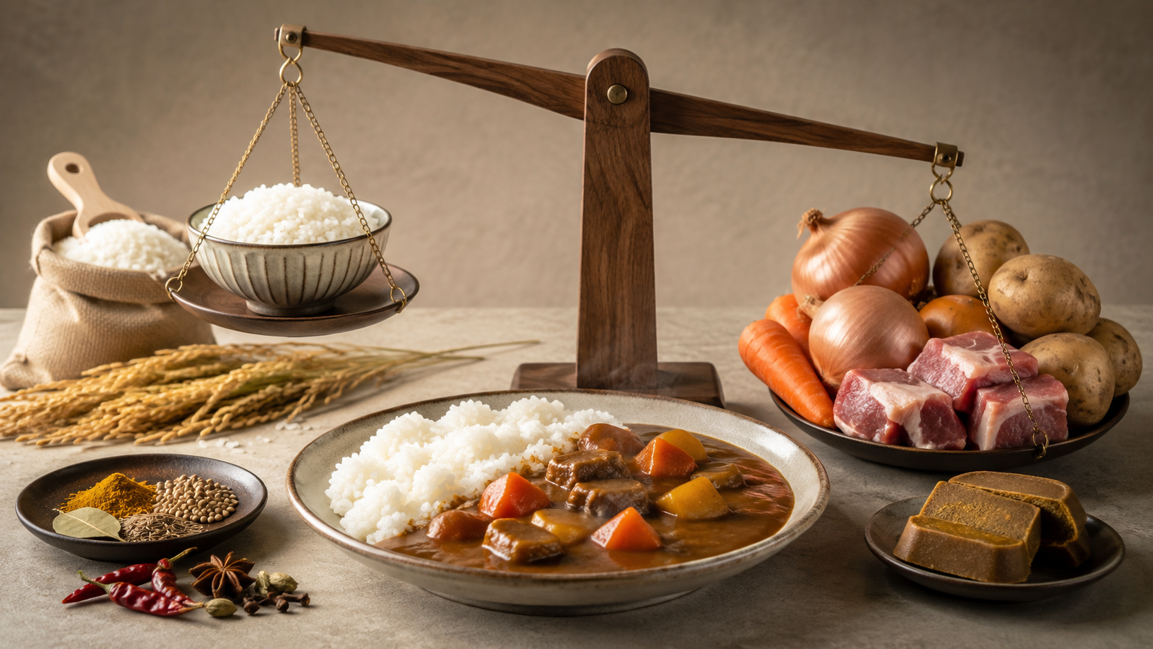 カレーライスと原材料の価格バランスを表す写真風イラスト