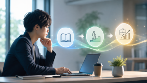 AIを学び、育成し、仕事へ生かす段階を表したイメージ